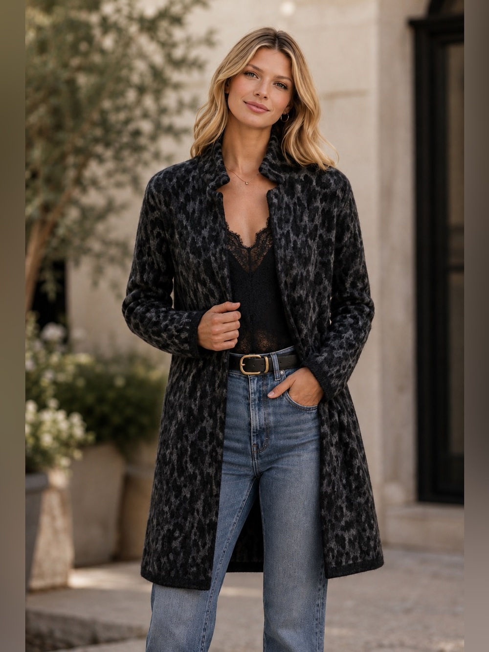 Wool-Blend Leopard Coatigan Jacket | Chiaramente | Charcoal/Black | XL